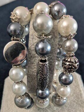 Triple Strand Faux Pear Bracelet w/ Silver Accents
